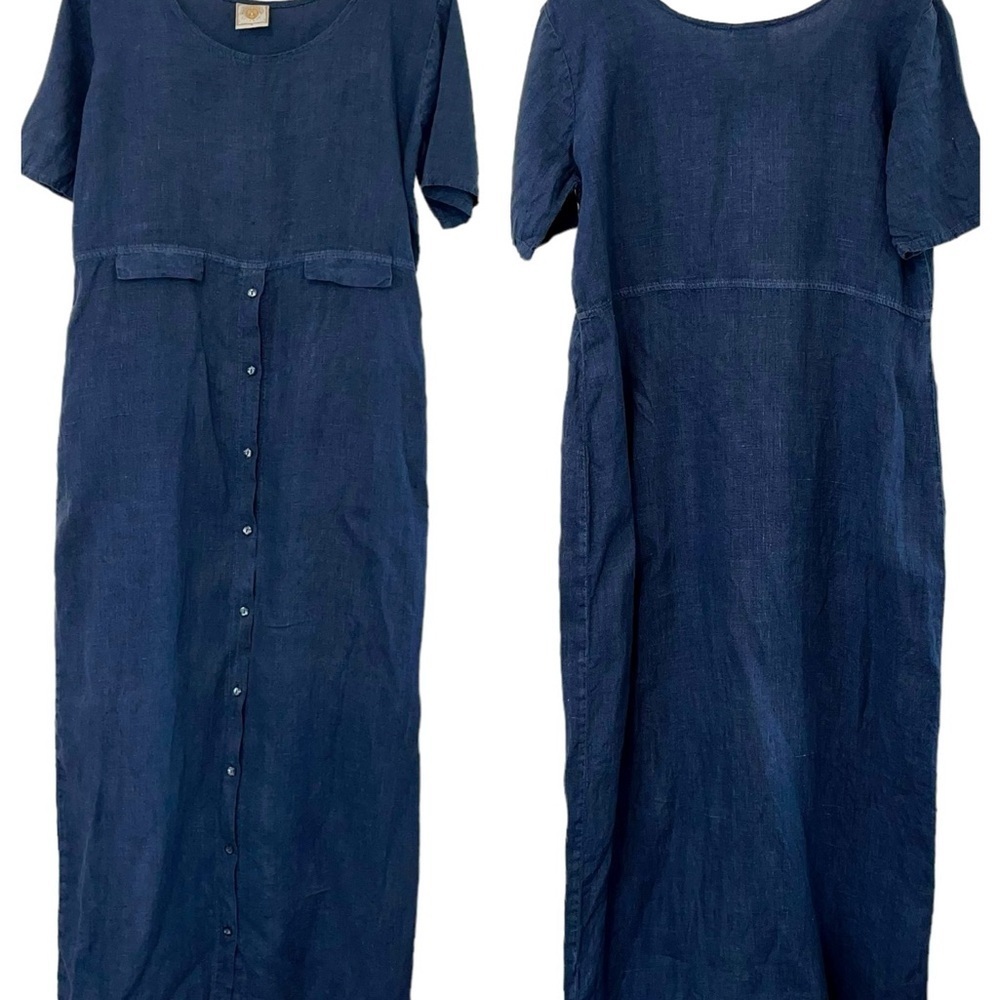 Vtg Tom Tom Dress Womens MD Maxi Dress Lagenlook Linen USA Made Minimalist Blue